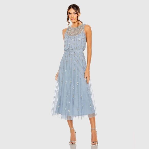 MAC DUGGAL 9222 Blue High Neck Sleeveless Embellished A Line Cocktail Dress - Picture 2 of 13